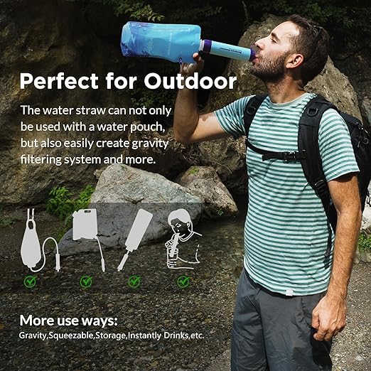 Membrane Solutions Squeezable Water Filtration System, Survival Water Purifier Kit, Portable Backpacking Gear Including Water Filter Straw and 23oz Collapsible Bottle for Hiking Camping Travel(1+6)