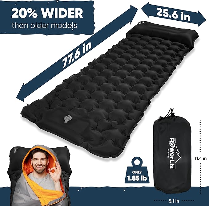 POWERLIX Sleeping Pad for Camping with Bulit in Pillow - Lightweight Camping Sleep Mat for Backpacking, Inflatable & Compact Camping Air Mattress, Perfect for Outdoor Hiking, Foot Pump