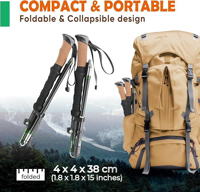 TREKOLOGY Trek-Z Cork Grip Trekking Poles – Lightweight Folding Hiking Poles, Adjustable Height, Compact Travel Design, Aircraft-Grade Aluminum Walking Sticks for Men & Women