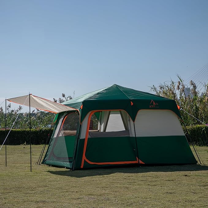KTT Large Tent 6-12 Person,Family Cabin Tents,Straight Wall,3 Doors and 3 Windows with Mesh,Waterproof,Big Tent for Outdoor,Picnic,Camping,Family,Friends Gathering.
