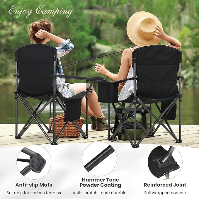 HIGH POINT SPORTS Oversized Portable Camping Folding Chair, Heavy Duty Foldable Outdoor Chair, Camp Chair with Cup Holder and Cooler Bag Support 450 LBS, Black…