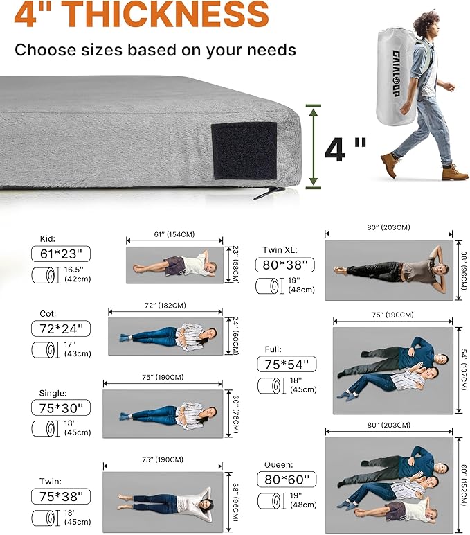 4 INCH Thick Foam Camping Mattress [Car/Tent/Cot] 30D Foam Portable Floor Sleeping Mat Cot Pad Roll Up Mattress for Guests Sleepovers RV Truck Camper