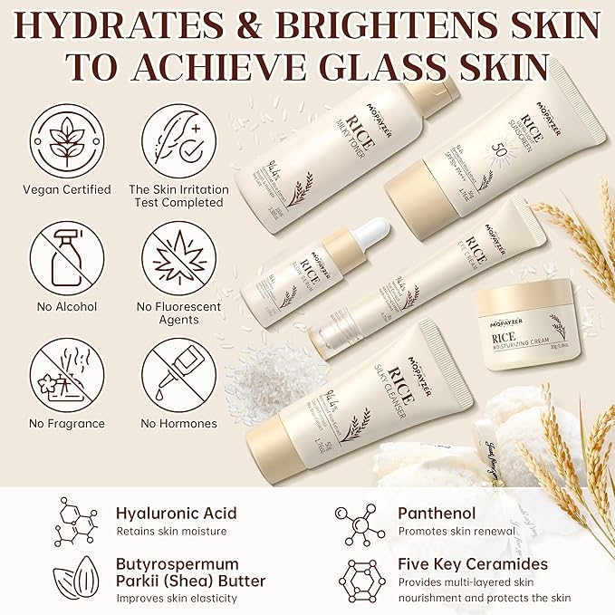 7PCS Rice Skincare Set Gift Box, Korean Hydrating Skin Care for Girls Teens Women, Cleanser Toner Serum Cream Eye Cream Sunscreen with Towel Bear Ornament, Daily Skincare Routine Gift Kit