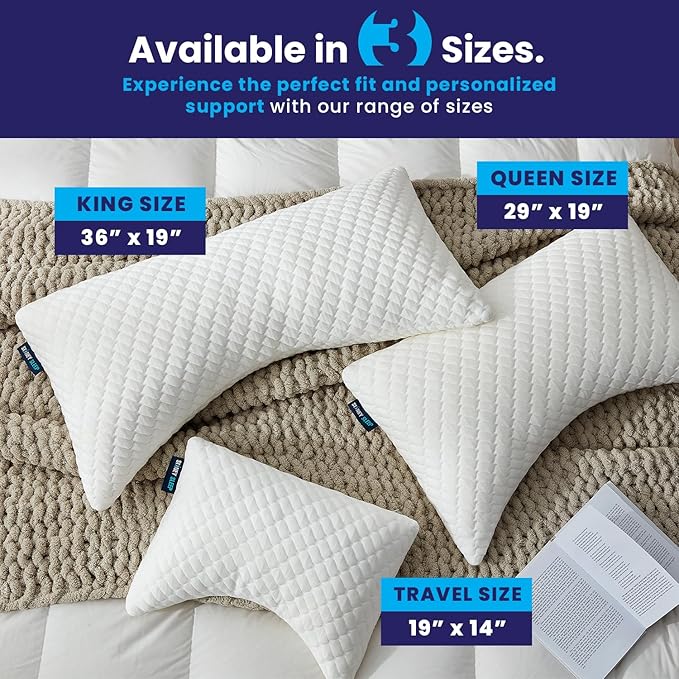 Sidney Sleep Bed Pillow for Side and Back Sleepers - Adjustable Filling - Memory Foam Pillow for Neck and Shoulder Pain - Customizable Loft - King Size - Additional Foam Bag Included (White)