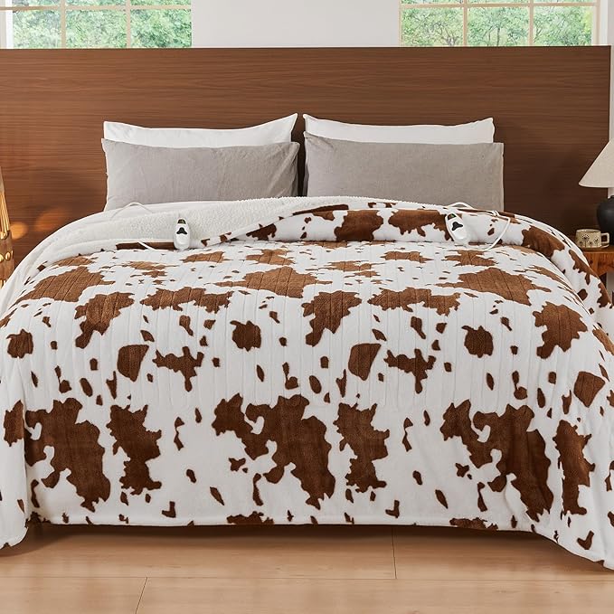 Cow Print Electric Heated Blanket Queen Size,84X90 Brown Heating Blanket Queen With Dual Control&Timer&10 Heat Levels,Highland Cow Decor Fleece Sherpa Blankets Warmer Gifts for Bed Women Adults,ETL