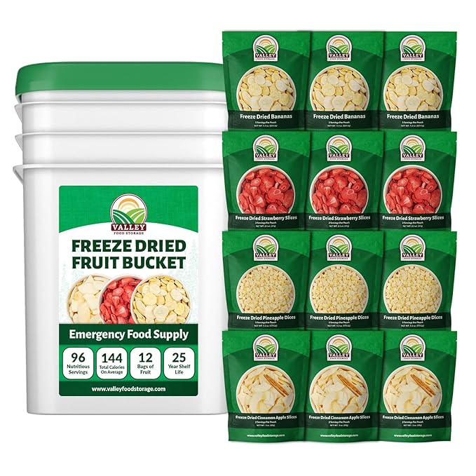 Freeze Dried Fruit Bucket, 12 Pouch | Premium Emergency Food Supply | Non-GMO Survival Food 25 Year Shelf Life | Camping Food, Backpacking Meals, Prepper Supplies | Valley Food Storage Packaged in USA
