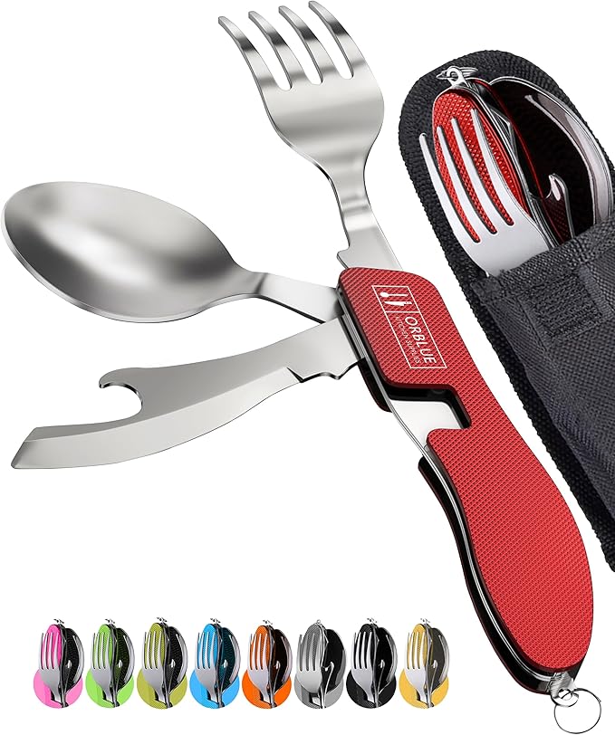 Orblue 4-in-1 Camping Eating Utensils, 2-Pack - Portable Spoon, Fork, Knife & Bottle Opener Combo Set - Stainless Steel Flatware with Detachable Fork - Travel, Backpacking Cutlery Multitool, Red