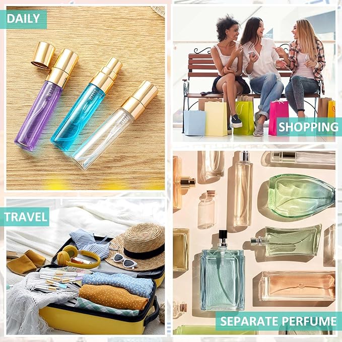 Zhehao 100 Pcs Mini Spray Bottles 5 ml Clear Glass Perfume Bottles Refillable Fine Mist Perfume Atomizer Portable Empty Sample Containers for Cleaning, Essential Oils, Travel (Gold Cap)