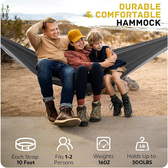 Camping Hammock Lightweight, Portable Hammocks Parachute Hammock with Two Tree Straps, Single or Double Travel Swing Nylon Camp Hammocks, Outdoor Essentials for Beach Backpacking Hiking, Orange