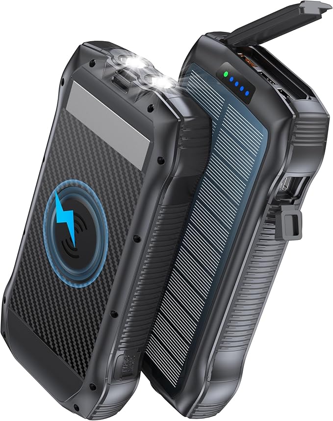 Solar Charger Power Bank, 40000mAh Wireless Portable Charger QC3.0 PD 20W Fast Charging with USB-C in/Output, External Battery Pack with Dual Flashlights Hiking Camping Essential