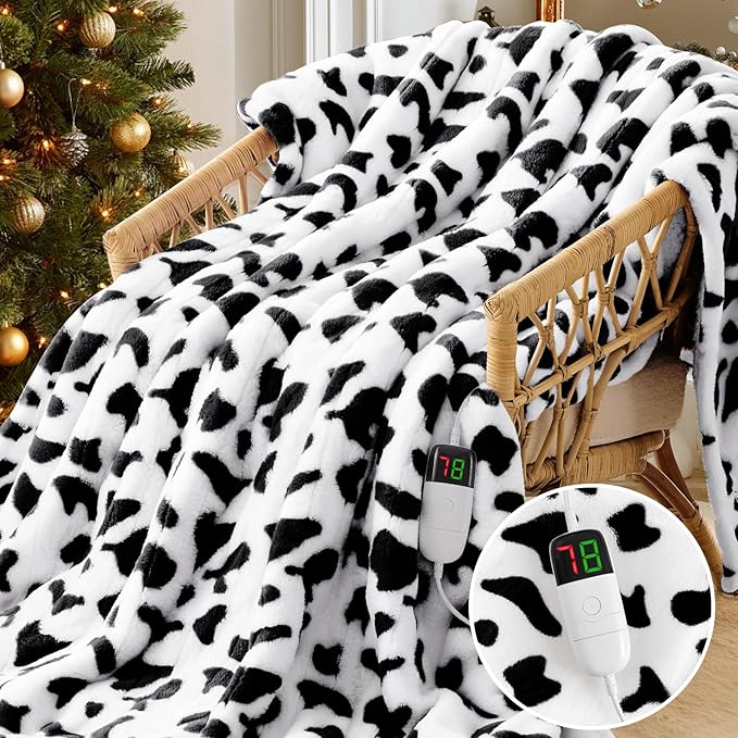 Cow Print Heated Electric Blanket Throw,50X60 Black Heating Blanket with 10 Heats Levels & 8 Hours Auto Off,Cute Cow Decor Stuff Soft Fleece Sherpa Blankets Warmer Gifts for Women Washable,ETL