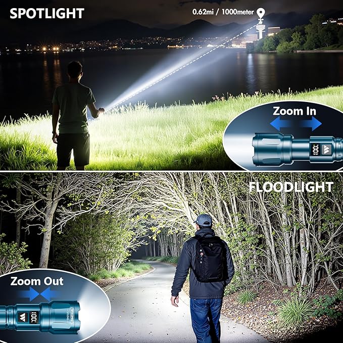 WdtPro LED Rechargeable Flashlight 2 Pack, Super Bright Zoomable 6000 Lumens Tactical Flashlight with LCD Digital Display, 3 Mode Waterproof Flash Light for Camping, Hunting & Home Emergency - Blue