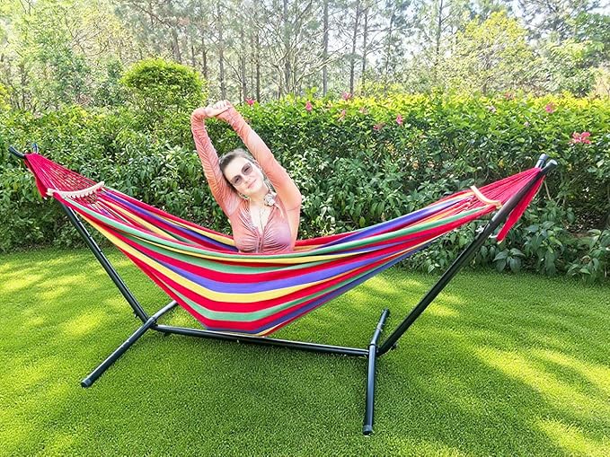 Double Hammock 2 Person Large 220x160cm with Steel Stand and Removable Spreader bar Load 500lb, Canvas Cotton Hammocks for Patio Porch Garden Backyard Outdoor and Indoor,red