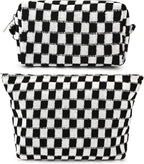 SOIDRAM 2 Pieces Black Makeup Bag Large Checkered Cosmetic Bag Capacity Canvas Mix Travel Toiletry Bag Organizer Cute Makeup Brushes Aesthetic Accessories Storage Bag for Women, Checkered Mix Black