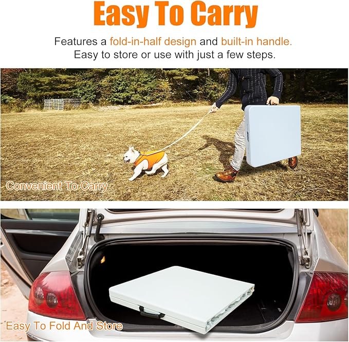 4 FT Folding Table with Carry Handle, Portable Fold-in-Half Plastic Table, Rectangle Foldable Table for Indoor/Outdoor White