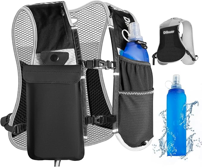 Running Vest for Women Men, Lightweight Hydration Runner Vest with Transparent Waterproof Phone Pocket, 17oz Soft Flask, Adjustable Chest Straps Reflective Backpack for Hiking Cycling Jogging