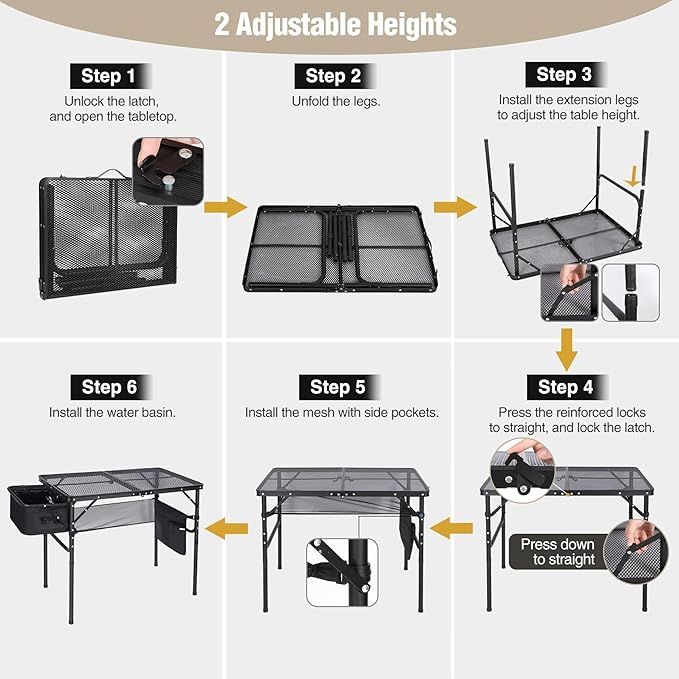 REDCAMP Folding Portable Grill Table with Sink for Outside, Lightweight Aluminum Metal Grill Stand Picnic Table for Camping Cooking BBQ RV Picnic, 2 Heights Adjustable,Black 36"x20"