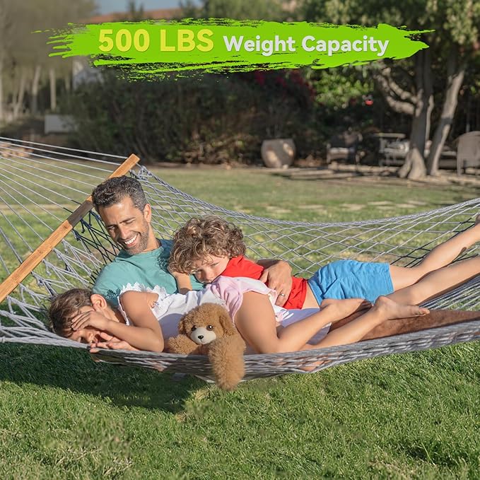 Double Hammock for 2 Person, Handwoven Rope Hammock with Spreader Bar Without Stand - Indoor & Outdoor Use for Patio, Poolside, Backyard (Grey)