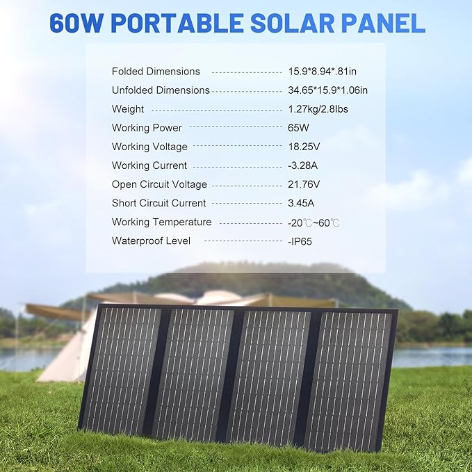 SS60 Portable 60W Solar Panel, Waterproof IP67 Foldable Solar Panel Charger with 18V DC, PD 45W USB-C and 5V USB-A Output for Solar Generator 12V Battery