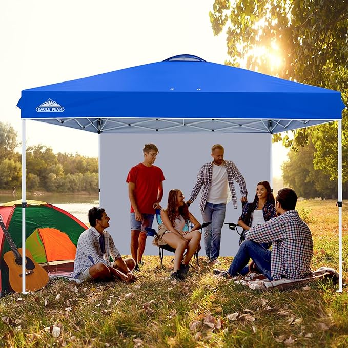 EAGLE PEAK Pop Up Canopy Tent with 1 Sidewall, Easy Setup Event Tent, Outdoor Sun Shade, Wheeled Carry Bag, Stakes and Guy Ropes, Instant Canopy 12x12, Blue