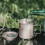 iBasingo 450ml Titanium Mug with Lid Tea Coffee Water Cup Outdoor Camping Pot Ultra-light Portable Hiking Backpacking Cooking Kit Picnic Tableware Drinkware with Foldable Handle Ti3026D
