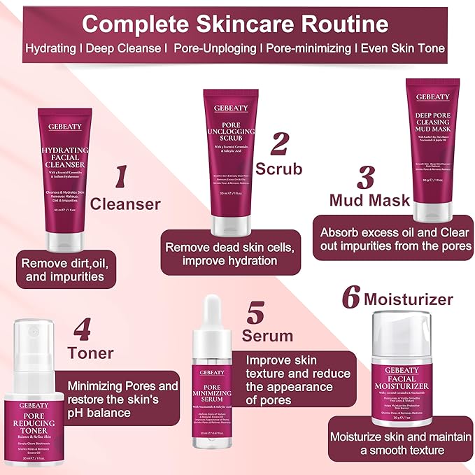 Women Teens Skin Care Set, 6 PCS Skincare Set for Acne Prone & Enlarged Pore Skin W/ Korean Salicylic Acid ,Anti-Allergy ,Deep Clean, Hydrating, Calming, Unclog & Minimize Pores for All Skin Types