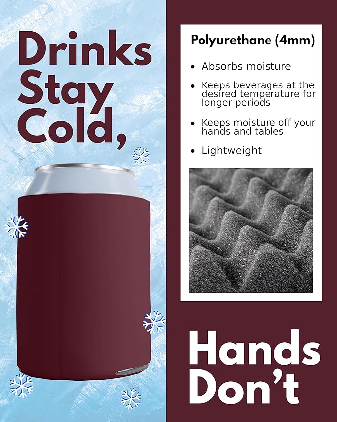 PartyPrints 100 Pack Burgundy Blank Can Cooler Sleeves, Customizable Bulk Insulated Foam for Beer, Collapsible Plain Drink Holder, Cold Soda Insulator, 12oz Regular, 16oz Tall Cans