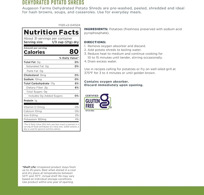 Augason Farms Dehydrated Potato Shreds Can - Gluten Free Dehydrated Survival Food with Long Shelf Life - Emergency Food Supply for Camping, Prep & Everyday Meals - 31 Servings