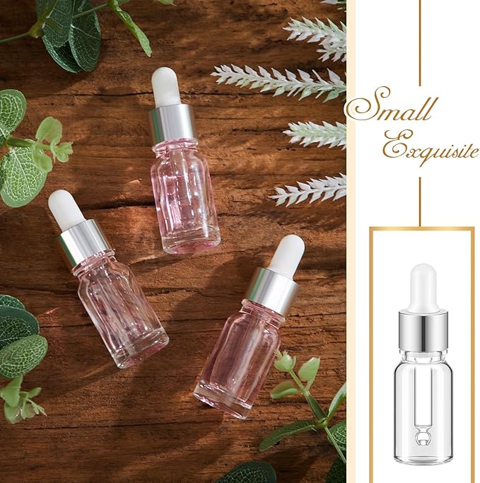 100 Pcs Mini Glass Oil Dropper Bottle Bulk, Clear Essential Small Empty Bottles Sample Containers Perfume Liquid Vials with Cap for Traveling (10 ml,Silver)