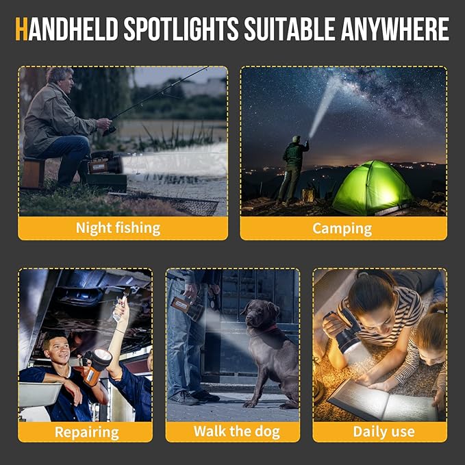 Rechargeable Searchlight Handheld LED Tactical Flashlight with Handle Spotlight 6000 Lumens High-Power Super Bright Torch with USB Output Torch (Gold)