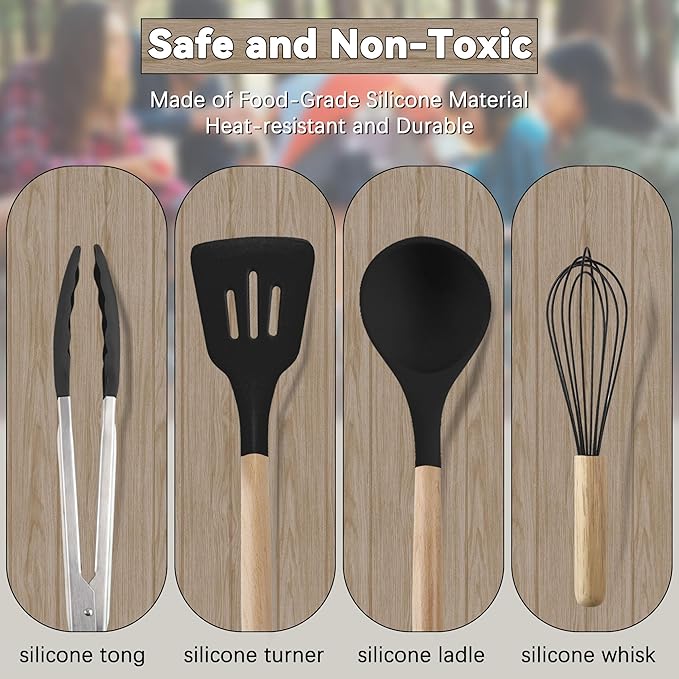 Camping Accessories Kitchen Cooking Utensils Set - Portable Outdoor Camp Cookware Set, Silicone Camper Essentials Gear Must Have Supplies for Travel RV BBQ Grill Picnic Hiking