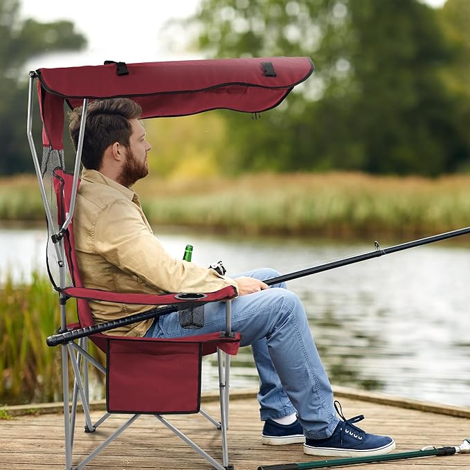 Camping Chair, Oversized Folding Chair with Canopy, Portable Outdoor Chair with Arms, Cup Holder and Carry Bag for Camping, Fishing, Beach, and Sports, Red