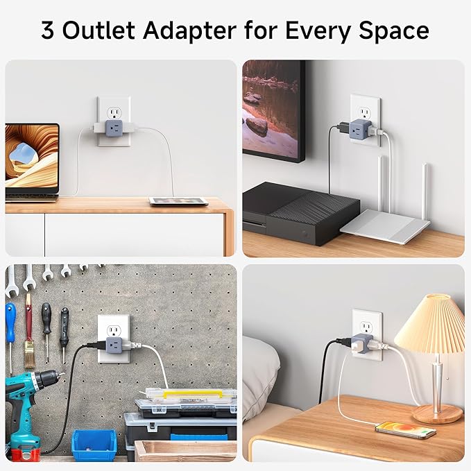 [ETL Listed] Cable Matters 3-Pack 3 Outlet Wall Adapter (Grounded Cube Tap, Outlet Splitter, 3 Way Plug Adapter, 3-Prong Power Splitter), Gray