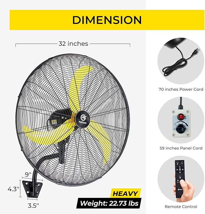 FUGOO 30'' Oscillating Wall Mounted Fan With Remote Control,BLDC Motor, Large air flow range From 3200CFM to 8800CFM, 4-Speed Heavy Duty Industrial Wall Fan for Factory, Commercial, Garage, Warehouse
