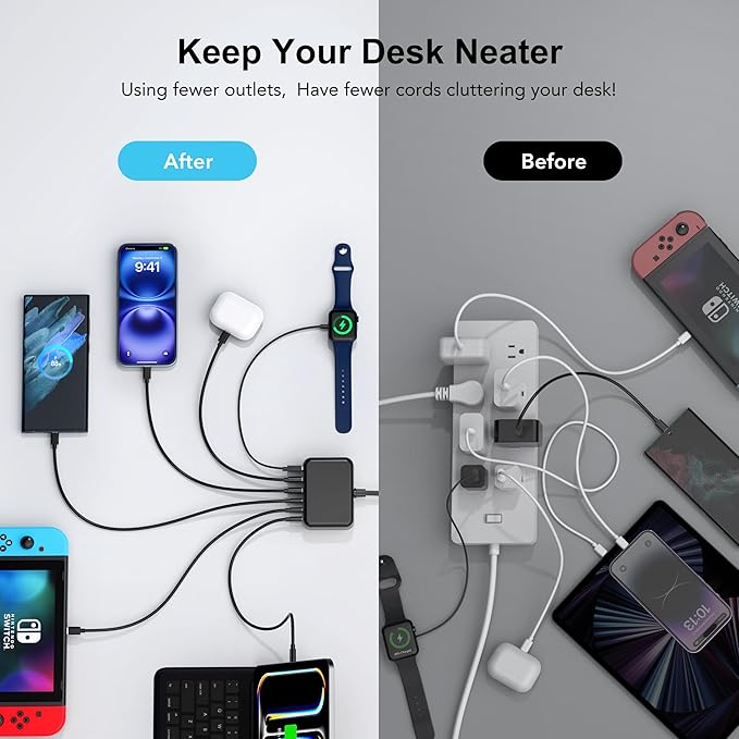 USB C Fast Charger, 100W GaN 6 Port Type C Charging Station Hub Block Cube, USB C Wall Charger Power Strip Adapter Plug for iPad iPhone 16 15 14 13 12 Pro Max Pixel Note Galaxy, 5ft Cord