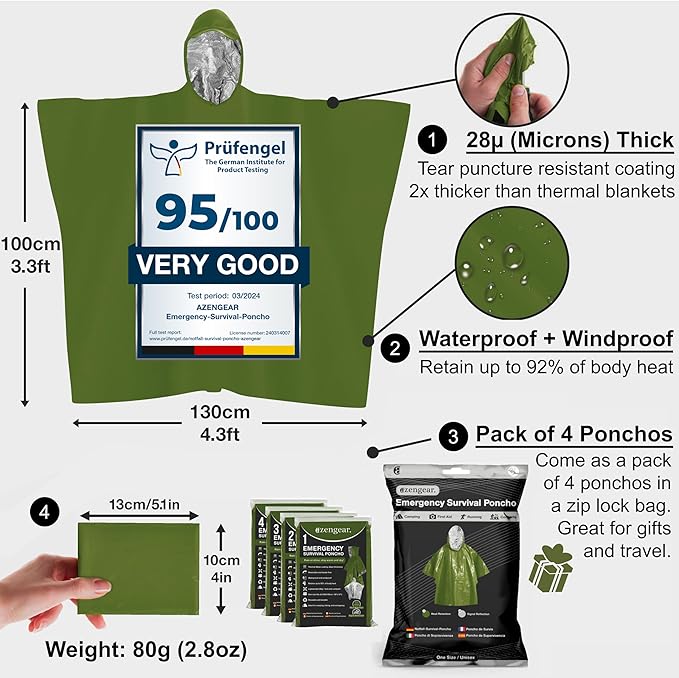 aZengear Emergency Survival Poncho (4pc) Thermal Mylar Foil Blanket for Heat Retention and Rain | Reversible with Hood | Waterproof, Windproof, Portable, Hands-Free, Outdoor Kit (Green)