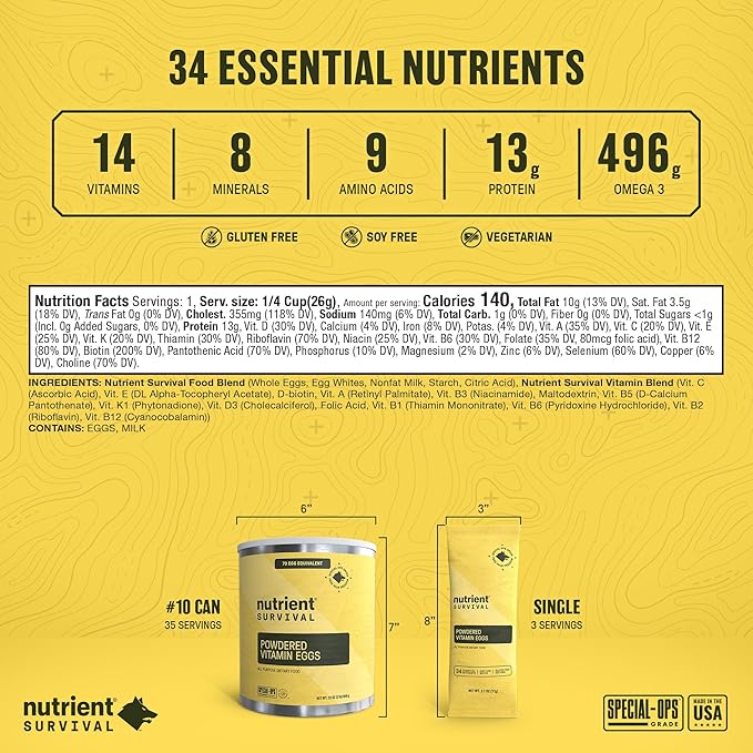 4 Cans, 70 Egg Equivalent per can - Nutrient Survival Vitamin Powdered Eggs Freeze Dried Prepper Supplies & Emergency Food Supply, 33 Essential Nutrients, Gluten Free, Shelf Stable Up to 25 Years