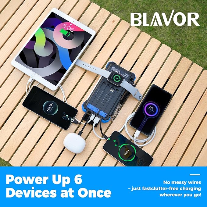 BLAVOR Solar Power Bank 20000mAh/74000mWh Built-in Cables, Wireless Charger for Apple Watch, 20W Fast Charging Battery Pack with USB C, Flashlight, Solar Charger for iPhone, iPad, iWatch, Samsung