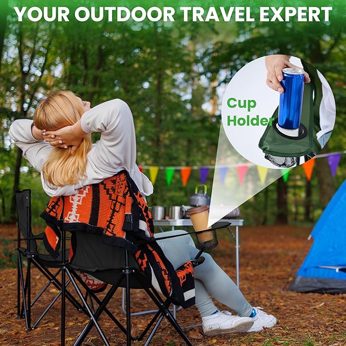 2 Pack Portable Camping Chairs Folding Lawn Chair Outdoor Lightweight Beach Chair with Cup Holder & Carry Bag for Outside Sports, Fishing, Hiking, Travel, Picnic, Backyard（Green
