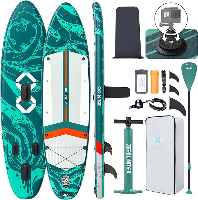 ZLX 11'6" Extra Wide Inflatable Stand Up Paddle Board SUP, Stable Non-Slip Deck Pad, Unique Fin System and Premium iSUP Accessories - Portable Backpack & Upgraded Pump for Adults, All Skill Levels