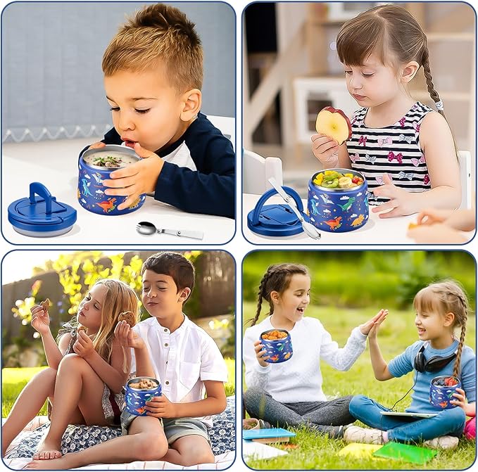 14oz Insulated Vacuum Food Jar with Buckle Lid,Soup Thermo for Hot Food Kids,Wide Mouth Leakproof Stainless Steel Lunch Container with Spoon-Dinosaur
