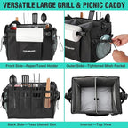 HAUSHOF Large Grill and Picnic Caddy with Paper Towel Holder, Condiment Pocket, Foldable BBQ Organizer Easy Carry Griddle Caddy for Camping, RV, Outdoor Waterproof Oxford Cloth (Black)