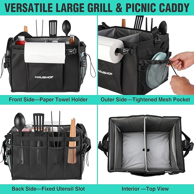 HAUSHOF Large Grill and Picnic Caddy with Paper Towel Holder, Condiment Pocket, Foldable BBQ Organizer Easy Carry Griddle Caddy for Camping, RV, Outdoor Waterproof Oxford Cloth (Black)
