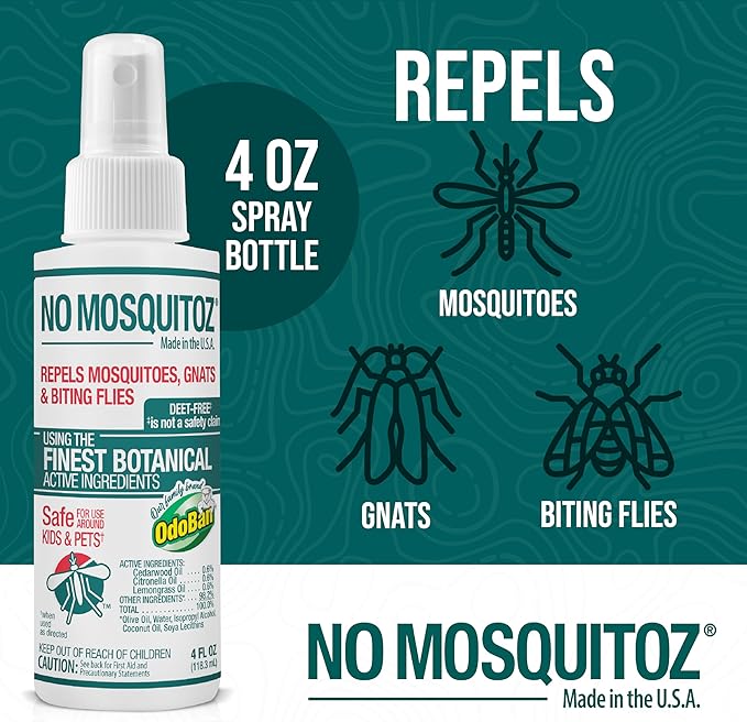 No Mosquitoz Botanical Insect Repellent, DEET-Free, Made with Natural Essential Oils, Non-Greasy Formula, Made in The USA, Woodsy Scent, 4 Ounce Spray Bottle