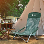 VILLEY Low Beach Chair, High Back Folding Adult Chair, Lightweight & Portable for Outdoor, Beach, Camping, Lawn, Music Festival, with Cup Holder & Carry Bag - Vintage Green Leaves