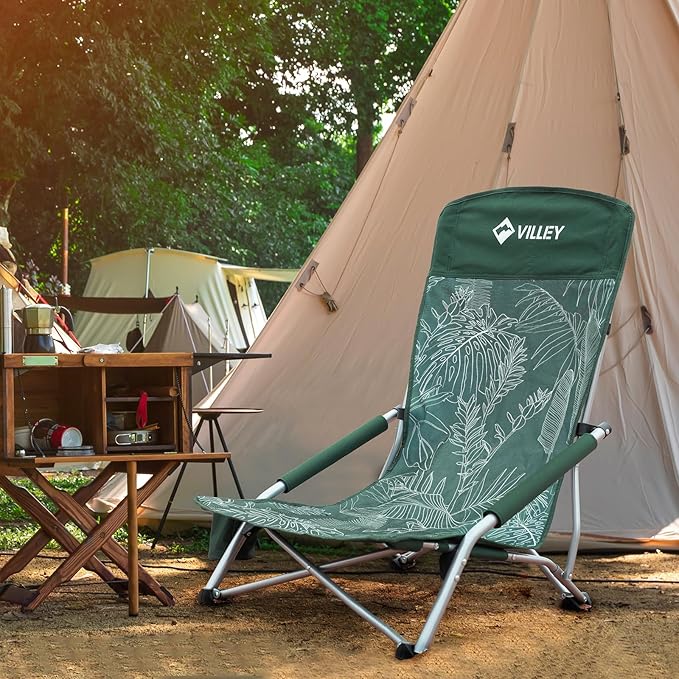 VILLEY Low Beach Chair, High Back Folding Adult Chair, Lightweight & Portable for Outdoor, Beach, Camping, Lawn, Music Festival, with Cup Holder & Carry Bag - Vintage Green Leaves