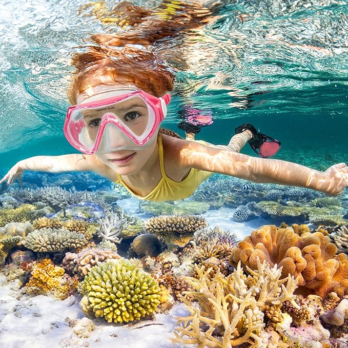 Kids Swim Goggles Snorkel Diving Mask for Boys Girls Ages 5-15, Two-Color Anti-Fog Swimming Goggles with Nose Cover