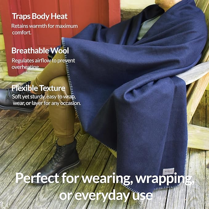 Military Style Wool Blanket – Cushioned, Breathable, Durable, Warm & Washable – Double-Stitched Border–Great for Camping, Outdoor, First Aid, Travel, Car–Fire-Resistant – 64"x90" 4.5 lb (Navy Blue)