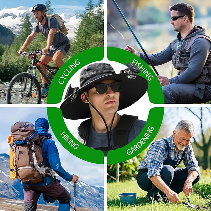 Solar Fan Hat for Men,Wide Brim Sun Hat with 3 Solar Fans,Neck Gaiter and Arm Sleeves,Fishing Hat with Solar Fans Built in,Outdoor Fishing Hiking Gardening Cool Hats Black
