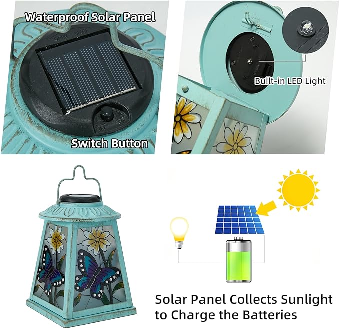 Solar Lantern with Shepherd Hook, Hanging Lantern with LED Lights, Outdoor Waterproof Solar Lanterns Metal Lamp Decoration Garden Patio Yard Pathway, Gifts for Mom Grandma Women, Butterfly